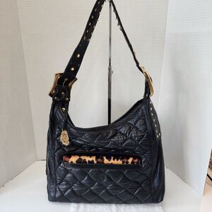 Chi by Carlos Falchi Black Lambskin Shoulder Bag Leopard Pony Hair READ